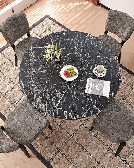 5-Piece Round Dining Table Set, Modern Kitchen Table Chairs Set of 4, Upholstered Dining Room Chairs with Thick Cushion&Solid Wood Legs for Living Room Apartment, Black Faux Marble Table&Grey