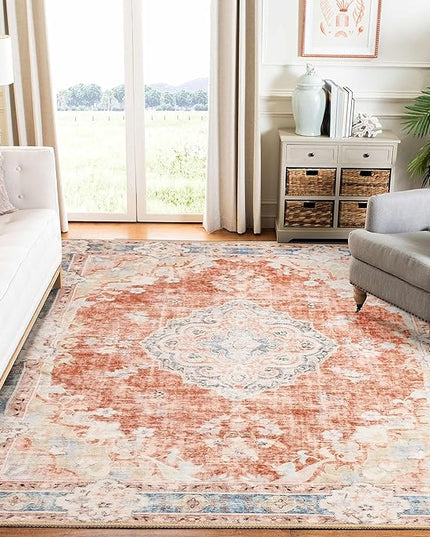 MUJOO 6'x9' Area Rugs for Living Room Washable Rugs Large Boho Carpet for Bedroom Dining Room Neutral Vintage Farmhouse Abstract Non Slip Soft Low-Pile Floral Flowers Orange