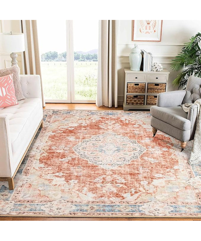 MUJOO 6'x9' Area Rugs for Living Room Washable Rugs Large Boho Carpet for Bedroom Dining Room Neutral Vintage Farmhouse Abstract Non Slip Soft Low-Pile Floral Flowers Orange