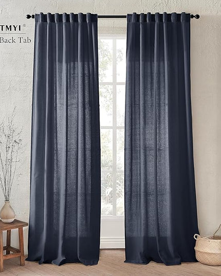 XTMYI Navy Blue Curtains 84 Inch Lengh,Linen Sheer Back Tab Hooks Pleated Light Filtering Dark Blue Kids Curtains for Boys Bedroom Living Room 2 Panel Set,Midnight/Indigo