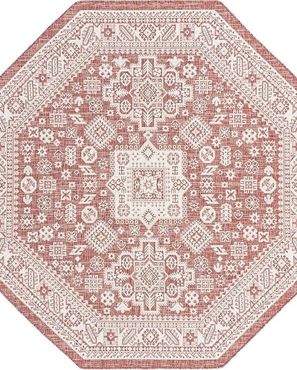 Rugs.com Outdoor Aztec Collection Rug – 8 Ft Octagon Rust Red Flatweave Rug Perfect for Living Rooms, Kitchens, Entryways