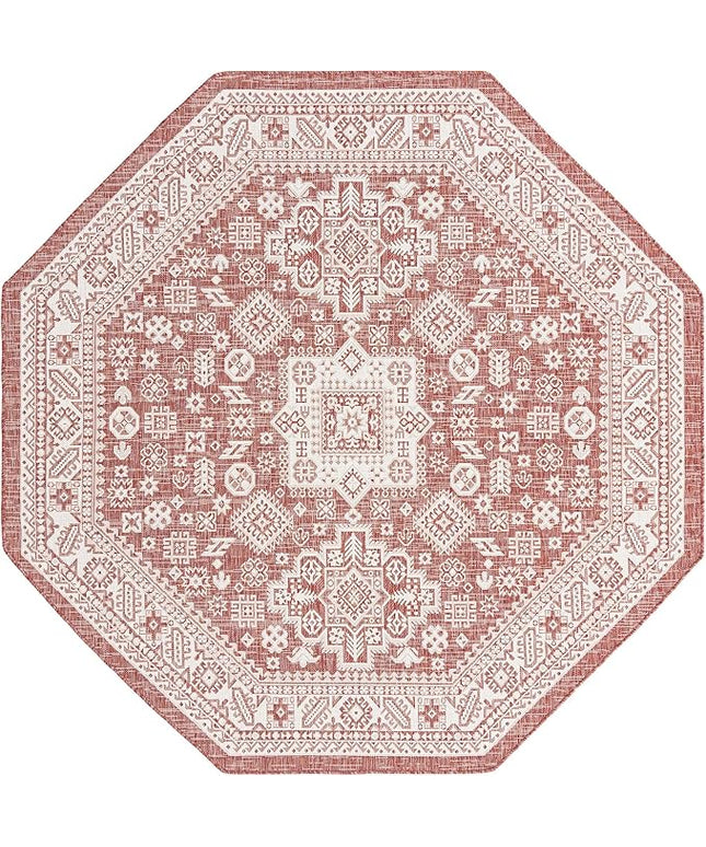 Rugs.com Outdoor Aztec Collection Rug – 8 Ft Octagon Rust Red Flatweave Rug Perfect for Living Rooms, Kitchens, Entryways