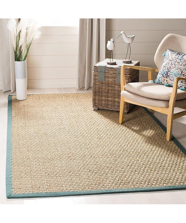 SAFAVIEH Area Rug 8x10 - Natural Fiber Collection - Large - Natural & Light Blue, Seagrass, Basketweave Pattern (NF114M)