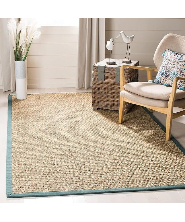 SAFAVIEH Area Rug 9x12 - Natural Fiber Collection - Large - Natural & Light Blue, Seagrass, Basketweave Pattern with Border (NF114M)