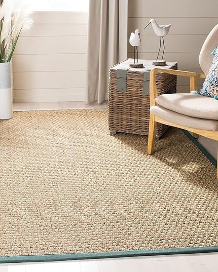 SAFAVIEH Area Rug 6' Square - Natural Fiber Collection - Natural & Light Blue, Seagrass, Basketweave Pattern with Border (NF114M)