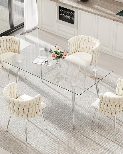 Silver Glass Dining Room Table Set for 4, 63'' Modern Luxury Rectangular Dinner Table Set, 5 PCS Clear Glass Top Minimalist Kitchen Table Set, Ivory Woven Dining Chair for Small Apartment