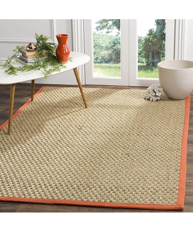 SAFAVIEH Area Rug 6' Square - Natural Fiber Collection - Natural & Rust, Seagrass, Basketweave Pattern with Border (NF114Y)
