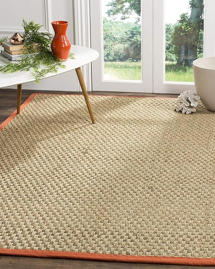 SAFAVIEH Area Rug 6' Square - Natural Fiber Collection - Natural & Rust, Seagrass, Basketweave Pattern with Border (NF114Y)