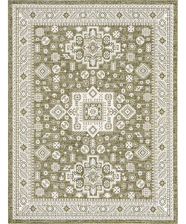 Rugs.com Outdoor Aztec Collection Rug – 9' x 12' Green Flatweave Rug Perfect for Living Rooms, Large Dining Rooms, Open Floorplans