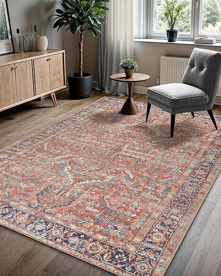 GLN Rugs Traditional Collection - Machine Washable Area Rug, Traditional Washable, Non Slip, Low Pile Chenille Rug, Living Room, Bedroom, Kitchen Rug (3'x5' Terra Cotta)