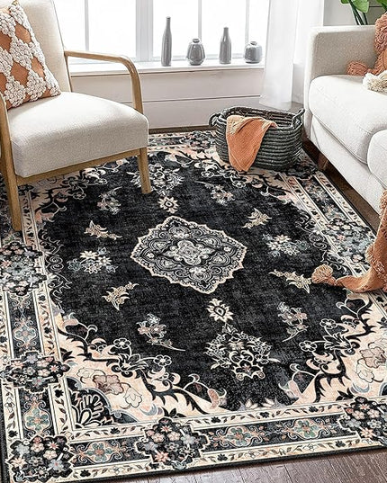 MUJOO Boho Rug 4'x6.5',Black Area Rugs for Bedroom Living Room Dining Room,Machine Washable Non Slip Carpet Vintage Bohemian Distressed Farmhouse,Floral