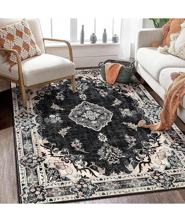 MUJOO Boho Rug 4'x6.5',Black Area Rugs for Bedroom Living Room Dining Room,Machine Washable Non Slip Carpet Vintage Bohemian Distressed Farmhouse,Floral