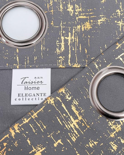 Taisier Home Soft Grey & Gold Glittering Geometric Dots Curtains 108" - Extra Long Luxury Drapes, Set of 2 Gold Foil Print Linen Panels with Sparkling Accents for Floor-Length Windows