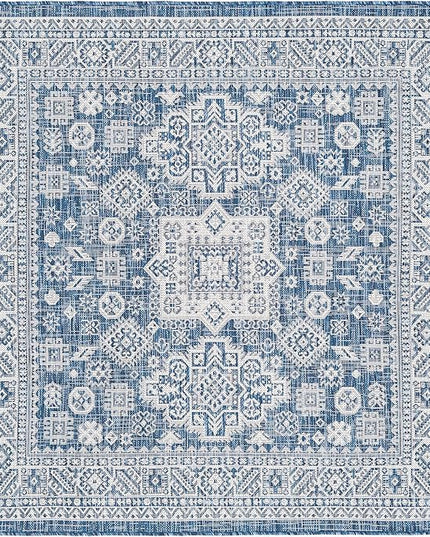 Rugs.com Outdoor Aztec Collection Rug – 5 Ft Square Blue Flatweave Rug Perfect for Living Rooms, Kitchens, Entryways