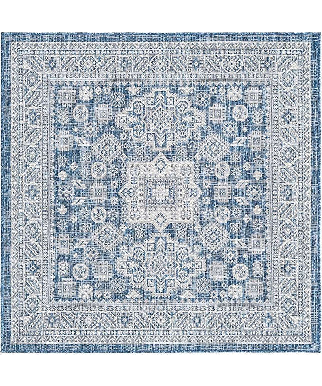 Rugs.com Outdoor Aztec Collection Rug – 5 Ft Square Blue Flatweave Rug Perfect for Living Rooms, Kitchens, Entryways
