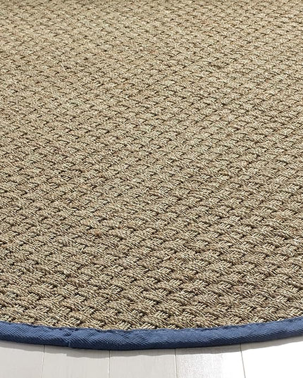 Safavieh Area Rug 4' Round - Natural Fiber Collection - Natural & Navy, Seagrass, Basketweave Pattern with Border (NF114T)