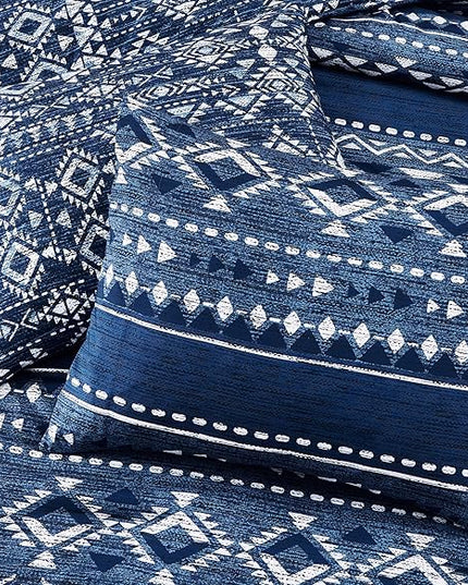 Geniospin Full Comforter Set - 7 Pieces Comforters Full Size, Fluffy Boho Bedding Sets for All Seasons, Bed in a Bag with Flat Sheet and Fitted Sheet, Pillowcase & Sham (Blue, 80''x90'')