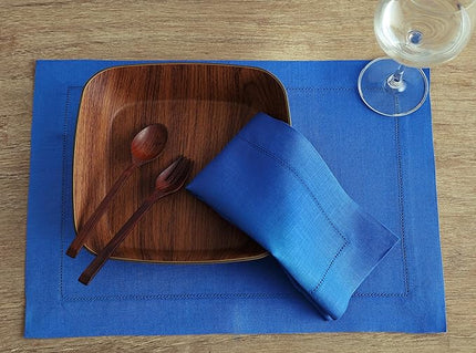 Solino Home Linen Placemats Set of 4 - Classic Hemstitch Royal Blue Placemats 14 x 19 Inch - 100% Pure Linen Table Mats for Holiday, Winter, Christmas, New Year