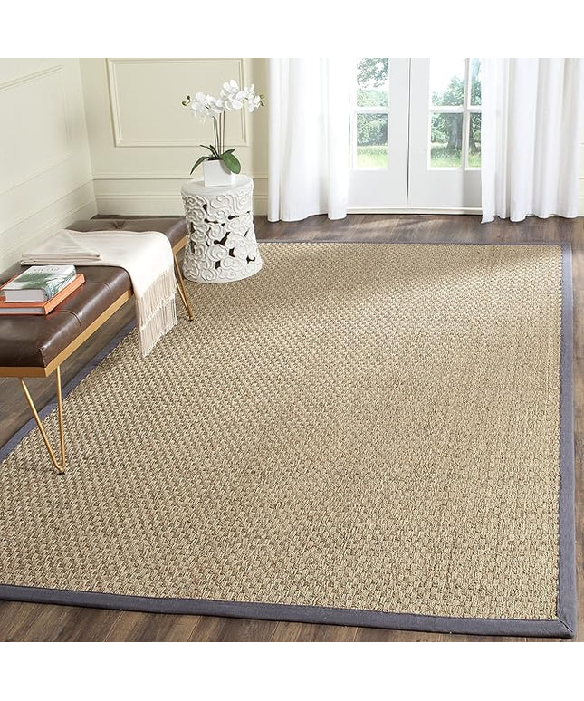 SAFAVIEH Area Rug 4x6 - Natural Fiber Collection - Natural & Dark Grey, Seagrass, Basketweave Pattern with Border (NF114Q)
