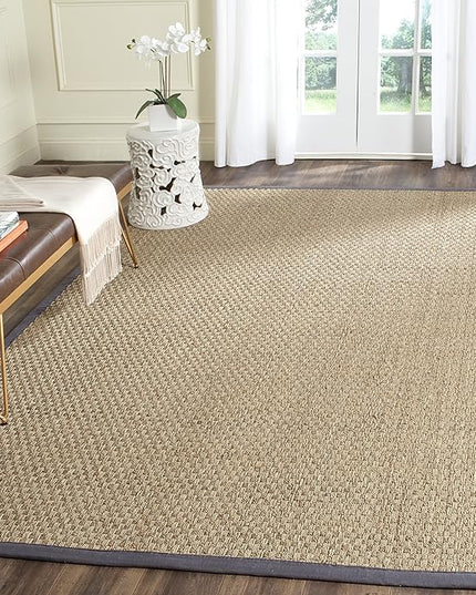 SAFAVIEH Area Rug 8' Square - Natural Fiber Collection - Natural & Dark Grey, Seagrass, Basketweave Pattern with Border (NF114Q)