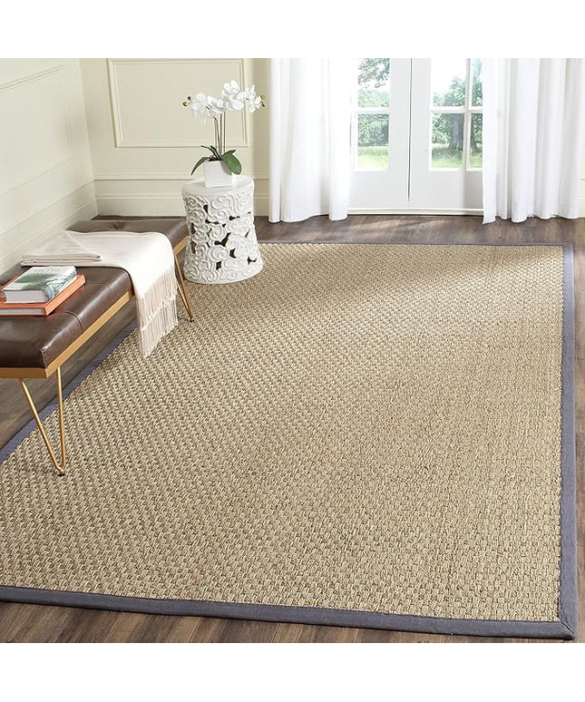 SAFAVIEH Area Rug 8' Square - Natural Fiber Collection - Natural & Dark Grey, Seagrass, Basketweave Pattern with Border (NF114Q)