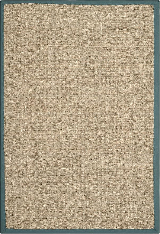 SAFAVIEH Area Rug 4x6 - Natural Fiber Collection - Natural & Light Blue, Seagrass, Basketweave Pattern with Border (NF114M)
