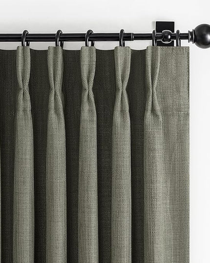 Greenish Gray Linen Curtains 84 Inch Length 2 Panels Set for Bedroom, Boho Pinch Pleated Blackout Dual Layer Thick Drapes 84 Inches Long Insulated Soundproof Window Curtain with Back Tab Kambaba Grey