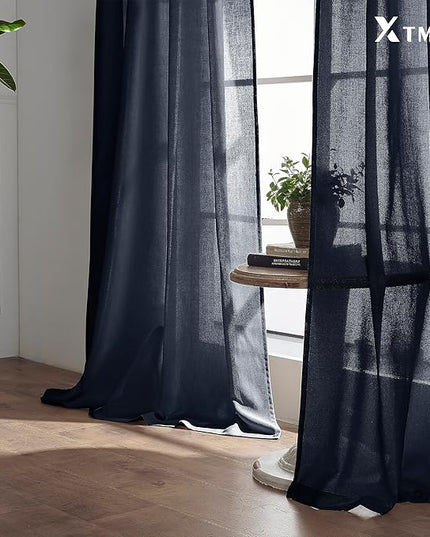 XTMYI Navy Blue Curtains 84 Inch Lengh,Linen Sheer Back Tab Hooks Pleated Light Filtering Dark Blue Kids Curtains for Boys Bedroom Living Room 2 Panel Set,Midnight/Indigo