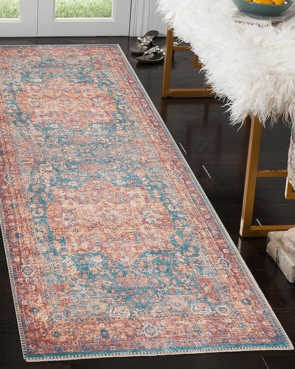 GLN Rugs Traditional Collection - Machine Washable Area Rug, Traditional Washable, Non Slip, Low Pile Chenille Rug, Living Room, Bedroom, Kitchen Rug (2'6"x7' Terra/Green)