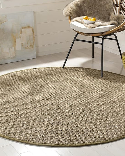 Safavieh Area Rug 4' Round - Natural Fiber Collection - Natural & Olive Green, Seagrass, Basketweave Pattern with Border (NF114G)