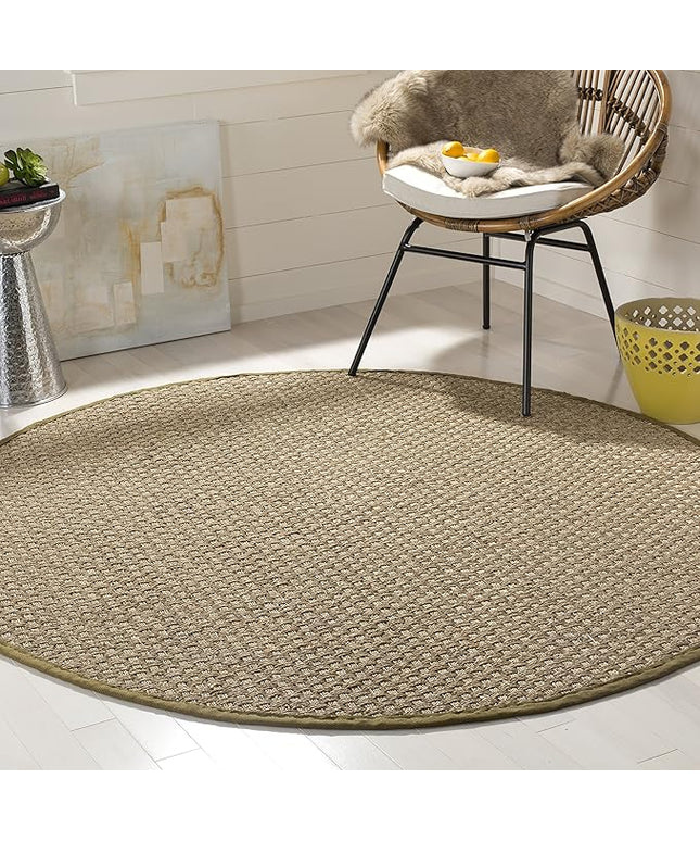 Safavieh Area Rug 4' Round - Natural Fiber Collection - Natural & Olive Green, Seagrass, Basketweave Pattern with Border (NF114G)