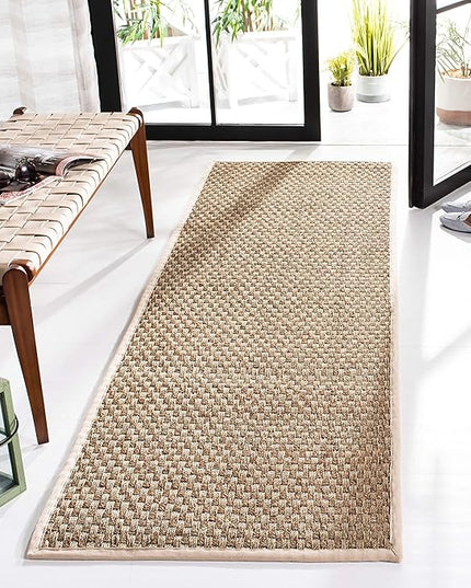 SAFAVIEH Natural Fiber Collection Runner Rug - 2'6" x 18', Natural & Ivory, Seagrass, Basketweave Pattern with Border (NF114J)