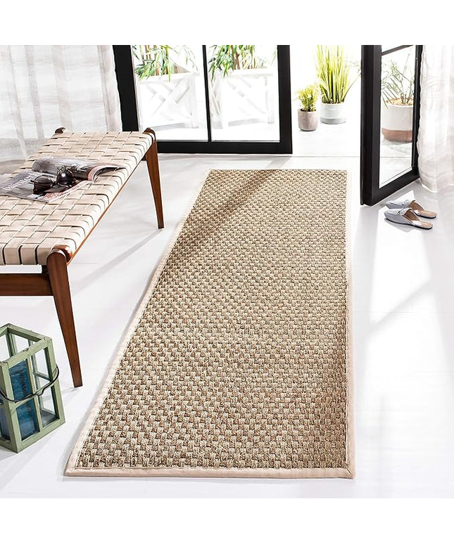 SAFAVIEH Natural Fiber Collection Runner Rug - 2'6" x 18', Natural & Ivory, Seagrass, Basketweave Pattern with Border (NF114J)