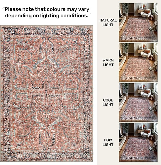 GLN Rugs Traditional Collection - Machine Washable Area Rug, Traditional Washable, Non Slip, Low Pile Chenille Rug, Living Room, Bedroom, Kitchen Rug (5'3" Round Terra Cotta)