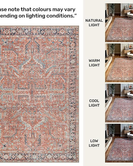 GLN Rugs Traditional Collection - Machine Washable Area Rug, Traditional Washable, Non Slip, Low Pile Chenille Rug, Living Room, Bedroom, Kitchen Rug (6'x9' Terra Cotta)