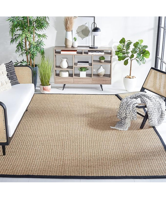 SAFAVIEH Area Rug 8' Square - Natural Fiber Collection - Large - Natural & Black, Seagrass, Basketweave Pattern with Border (NF114C)