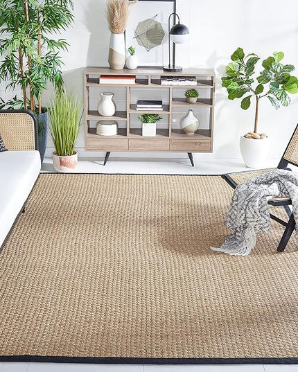 SAFAVIEH Area Rug 6' Square - Natural Fiber Collection - Natural & Black, Seagrass, Basketweave Pattern with Border (NF114C)