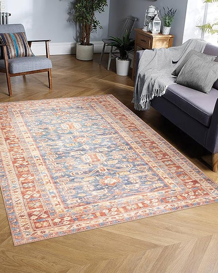 GLN Rugs Traditional Collection - Machine Washable Area Rug, Traditional Washable, Non Slip, Low Pile Chenille Rug, Living Room, Bedroom, Kitchen Rug (6'x9' Terra and Blue)