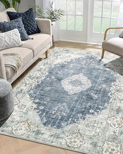 MUJOO 5'x7' Area Rugs Blue Grey Machine Washable Rugs Living Room Rugs Boho Rug for Bedroom Laundry Room Kitchen Non Slip Large Carpet Abstract Soft Low-Pile Floral