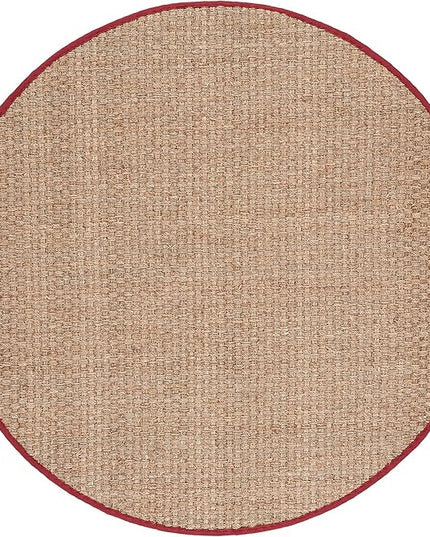 SAFAVIEH Area Rug 6' Round - Natural Fiber Collection - Natural & Red, Seagrass, Basketweave Pattern with Border (NF114D)