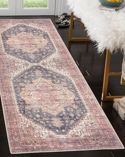 GLN Rugs Traditional Collection - Machine Washable Area Rug, Traditional Washable, Non Slip, Low Pile Chenille Rug, Living Room, Bedroom, Kitchen Rug (2'6"x7' Black/Terra)