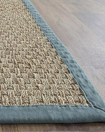 SAFAVIEH Natural Fiber Collection Runner Rug - 2'6" x 16', Natural & Light Blue, Seagrass, Basketweave Pattern with Border (NF114M)