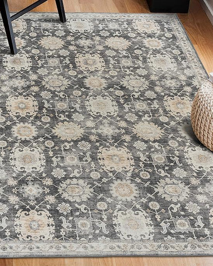 ReaLife Rugs Machine Washable Area Rug Runner - Living Room Bedroom Bathroom Kitchen Entryway - Padded Low Pile Stain Resistant Premium - Boho Farmhouse Vintage - Bryn - Gray Beige Ivory 3' x 5'