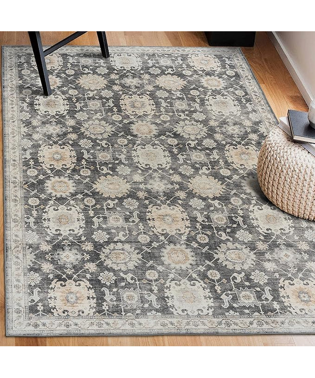 ReaLife Rugs Machine Washable Area Rug Runner - Living Room Bedroom Bathroom Kitchen Entryway - Padded Low Pile Stain Resistant Premium - Boho Farmhouse Vintage - Bryn - Gray Beige Ivory 3' x 5'