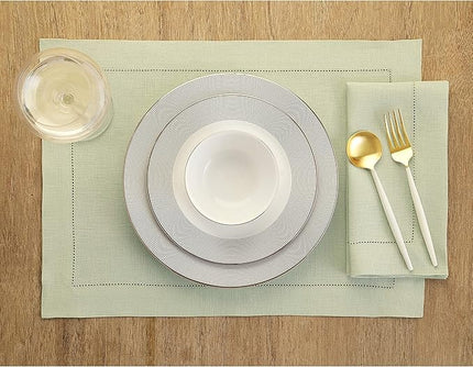 Solino Home Linen Placemats Set of 4 - Classic Hemstitch Sage Green Placemats 14 x 19 Inch - 100% Pure Linen Table Mats for Christmas, Winter, New Year