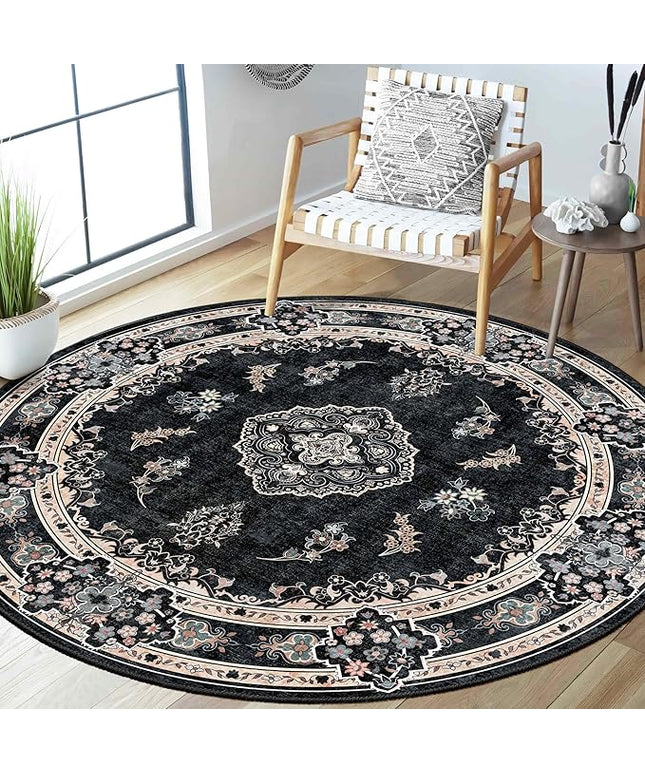 MUJOO Black Round Rug 5ft,Circle Washable Area Rugs for Bedroom Living Room Bathroom,Boho Vintage Bohemian Distressed Farmhouse Large Non Slip Circular Carpet,Floral