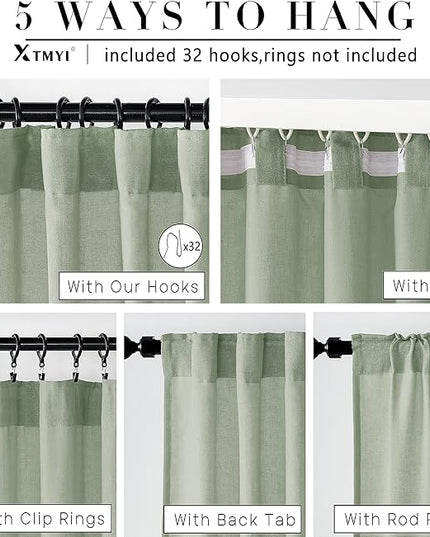 XTMYI Sage Green Linen Curtains 96 Inches Long for Living Room,Boho Closet Curtains for Bedroom Closet Door Neutral Nursery Boy Teens Girls Room