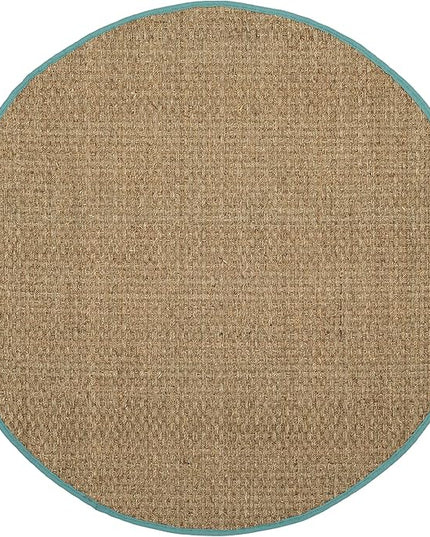 SAFAVIEH Area Rug 4' Round - Natural Fiber Collection - Natural & Teal, Seagrass, Basketweave Pattern with Border (NF114R)