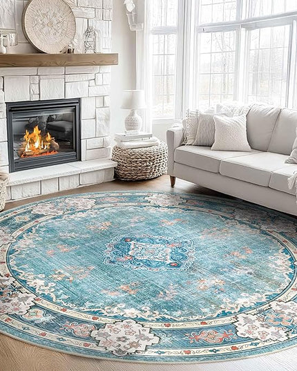 MUJOO Teal Round Rug 9ft,Large Circle Washable Area Rugs for Bedroom Living Room Bathroom,Boho Non Slip Circular Carpet,Floral