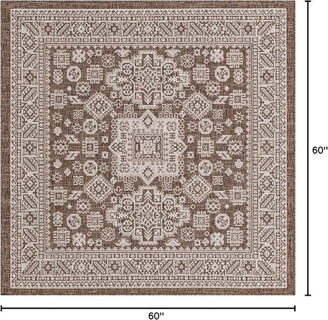 Rugs.com Outdoor Aztec Collection Rug – 5 Ft Square Brown Flatweave Rug Perfect for Living Rooms, Kitchens, Entryways